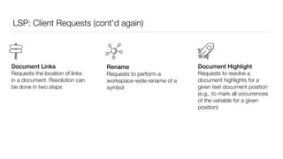 LSP: Client Requests (cont'd again)
Rename
Requests to perform a
workspace-wide rename of a
symbol
Document Links
Requests the location of links
in a document. Resolution can
be done in two steps
Document Highlight
Requests to resolve a
document highlights for a
given text document position
(e.g., to mark all occurrences
of the variable for a given
position)
 