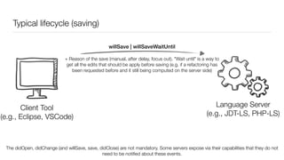 Typical lifecycle (saving)
Client
(e.g., VSCode, Eclipse)
Language Server
(e.g., JDT-LS, PHP-LS)
willSave | willSaveWaitUntil
Client Tool
(e.g., Eclipse, VSCode)
+ Reason of the save (manual, after delay, focus out). "Wait until" is a way to
get all the edits that should be apply before saving (e.g. if a refactoring has
been requested before and it still being computed on the server side)
The didOpen, didChange (and willSave, save, didClose) are not mandatory. Some servers expose via their capabilities that they do not
need to be notiﬁed about these events.
 