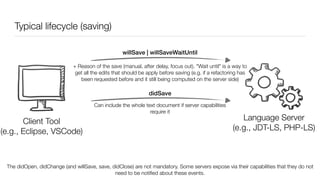 Typical lifecycle (saving)
Client
(e.g., VSCode, Eclipse)
Language Server
(e.g., JDT-LS, PHP-LS)
willSave | willSaveWaitUntil
didSave
Can include the whole text document if server capabilities
require it
Client Tool
(e.g., Eclipse, VSCode)
+ Reason of the save (manual, after delay, focus out). "Wait until" is a way to
get all the edits that should be apply before saving (e.g. if a refactoring has
been requested before and it still being computed on the server side)
The didOpen, didChange (and willSave, save, didClose) are not mandatory. Some servers expose via their capabilities that they do not
need to be notiﬁed about these events.
 