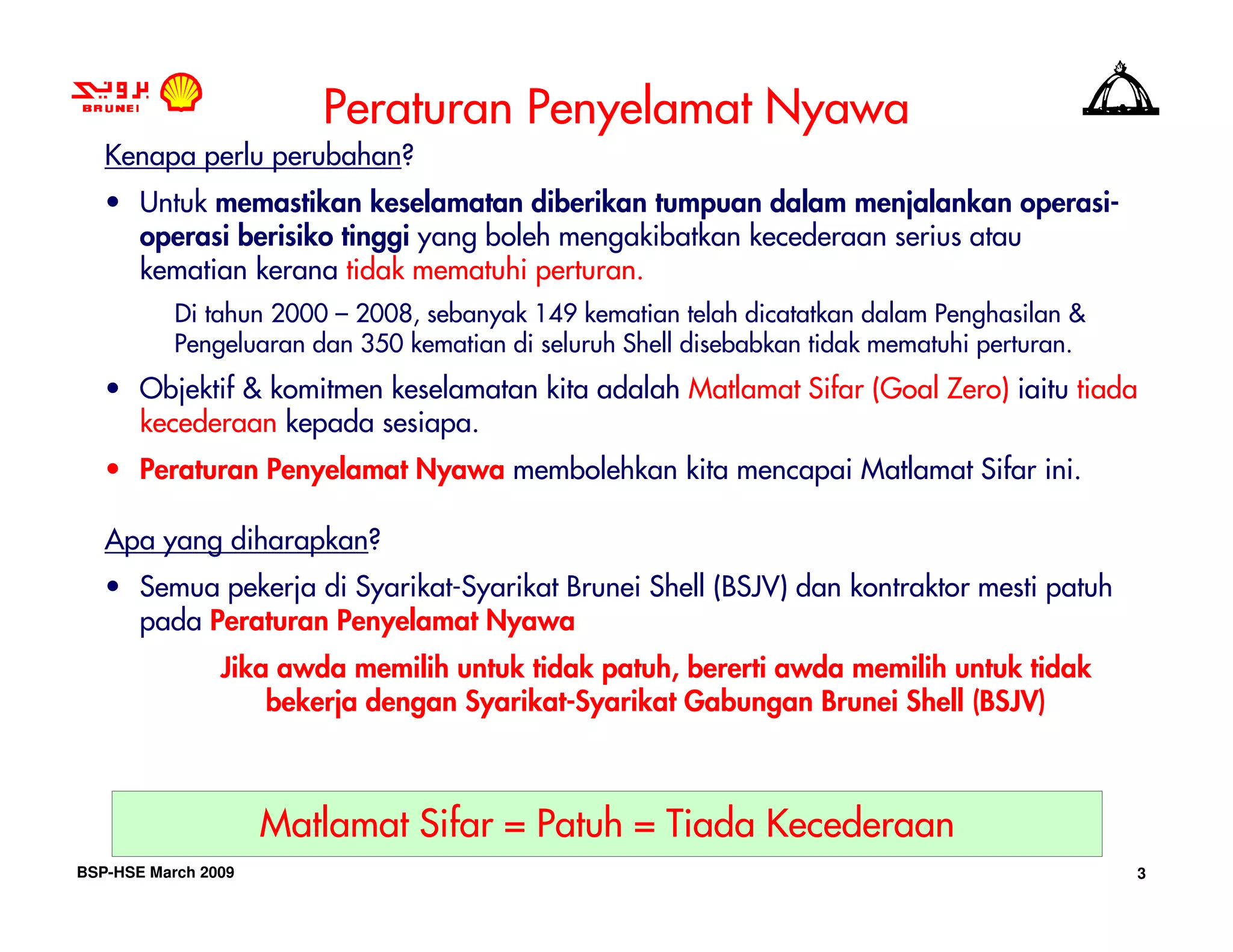 Peraturan Penyelamat Nyawa
   Kenapa perlu perubahan?
   • Untuk memastikan keselamatan diberikan tumpuan dalam menjalankan operasi-
     operasi berisiko tinggi yang boleh mengakibatkan kecederaan serius atau
     kematian kerana tidak mematuhi perturan.
           Di tahun 2000 – 2008, sebanyak 149 kematian telah dicatatkan dalam Penghasilan &
           Pengeluaran dan 350 kematian di seluruh Shell disebabkan tidak mematuhi perturan.
   • Objektif & komitmen keselamatan kita adalah Matlamat Sifar (Goal Zero) iaitu tiada
     kecederaan kepada sesiapa.
   • Peraturan Penyelamat Nyawa membolehkan kita mencapai Matlamat Sifar ini.

   Apa yang diharapkan?
   • Semua pekerja di Syarikat-Syarikat Brunei Shell (BSJV) dan kontraktor mesti patuh
     pada Peraturan Penyelamat Nyawa
                Jika awda memilih untuk tidak patuh, bererti awda memilih untuk tidak
                    bekerja dengan Syarikat-Syarikat Gabungan Brunei Shell (BSJV)



                     Matlamat Sifar = Patuh = Tiada Kecederaan
BSP-HSE March 2009                                                                             3
 