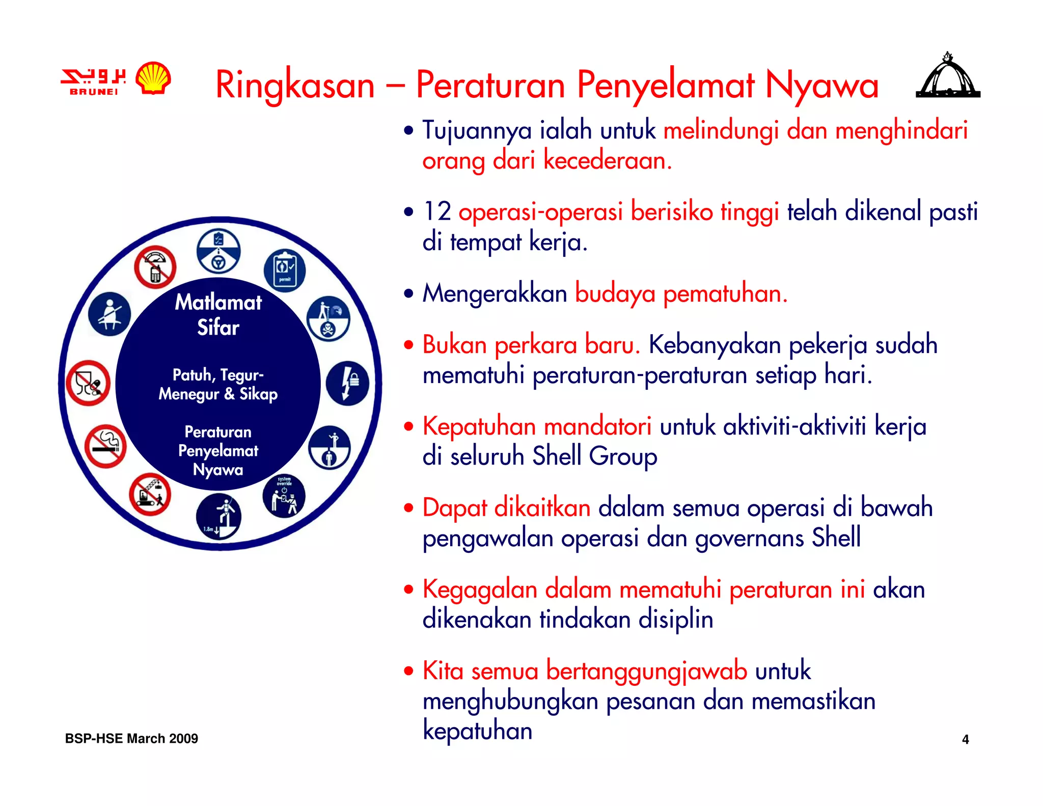 Ringkasan – Peraturan Penyelamat Nyawa
                               • Tujuannya ialah untuk melindungi dan menghindari
                                 orang dari kecederaan.

                               • 12 operasi-operasi berisiko tinggi telah dikenal pasti
                                 di tempat kerja.

              Matlamat         • Mengerakkan budaya pematuhan.
               Sifar
                               • Bukan perkara baru. Kebanyakan pekerja sudah
             Patuh, Tegur-       mematuhi peraturan-peraturan setiap hari.
            Menegur & Sikap

                Peraturan      • Kepatuhan mandatori untuk aktiviti-aktiviti kerja
               Penyelamat
                 Nyawa
                                 di seluruh Shell Group

                               • Dapat dikaitkan dalam semua operasi di bawah
                                 pengawalan operasi dan governans Shell

                               • Kegagalan dalam mematuhi peraturan ini akan
                                 dikenakan tindakan disiplin

                               • Kita semua bertanggungjawab untuk
                                 menghubungkan pesanan dan memastikan
BSP-HSE March 2009               kepatuhan                                           4
 