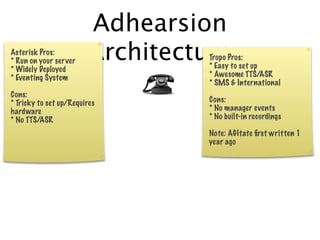 Adhearsion
Asterisk Pros:
* Run on your server
* Widely Deployed
                        Architecture
                                  Tropo Pros:
                                  * Easy to set up
* Eventing System                 * Awesome TTS/ASR
                                  * SMS & International
Cons:
* Tricky to set up/Requires       Cons:
hardware                          * No manager events
* No TTS/ASR                      * No built-in recordings

                                  Note: AGItate ﬁrst written 1
                                  year ago
 
