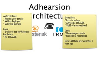 Adhearsion
Asterisk Pros:
* Run on your server
* Widely Deployed
                        Architecture
                                  Tropo Pros:
                                  * Easy to set up
* Eventing System                 * Awesome TTS/ASR
                                  * SMS & International
Cons:
* Tricky to set up/Requires       Cons:
hardware                          * No manager events
* No TTS/ASR                      * No built-in recordings

                                  Note: AGItate ﬁrst written 1
                                  year ago
 