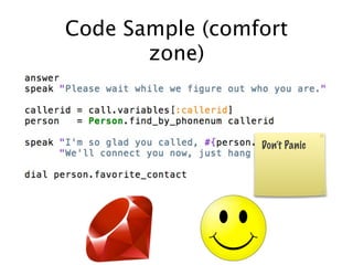 Code Sample (comfort
       zone)



                 Don’t Panic
 