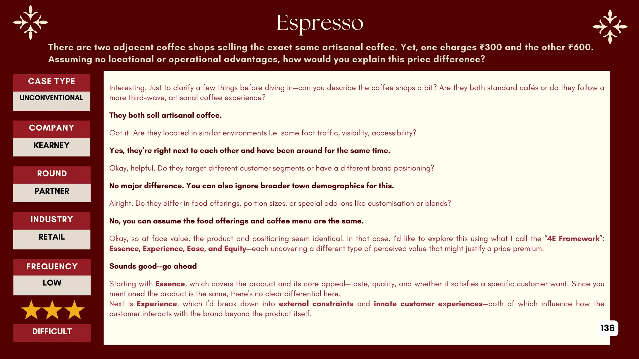 There are two adjacent coffee shops selling the exact same artisanal coffee. Yet, one charges ₹300 and the other ₹600.
Assuming no locational or operational advantages, how would you explain this price difference?
Interesting. Just to clarify a few things before diving in—can you describe the coffee shops a bit? Are they both standard cafés or do they follow a
more third-wave, artisanal coffee experience?
They both sell artisanal coffee.
Got it. Are they located in similar environments I.e. same foot traffic, visibility, accessibility?
Yes, they’re right next to each other and have been around for the same time.
Okay, helpful. Do they target different customer segments or have a different brand positioning?
No major difference. You can also ignore broader town demographics for this.
Alright. Do they differ in food offerings, portion sizes, or special add-ons like customisation or blends?
No, you can assume the food offerings and coffee menu are the same.
Okay, so at face value, the product and positioning seem identical. In that case, I’d like to explore this using what I call the “4E Framework”:
Essence, Experience, Ease, and Equity—each uncovering a different type of perceived value that might justify a price premium.
Sounds good--go ahead
Starting with Essence, which covers the product and its core appeal—taste, quality, and whether it satisfies a specific customer want. Since you
mentioned the product is the same, there's no clear differential here.
Next is Experience, which I’d break down into external constraints and innate customer experiences—both of which influence how the
customer interacts with the brand beyond the product itself.
ROUND
PARTNER
CASE TYPE
UNCONVENTIONAL
INDUSTRY
RETAIL
COMPANY
KEARNEY
FREQUENCY
LOW
DIFFICULT 136
 
