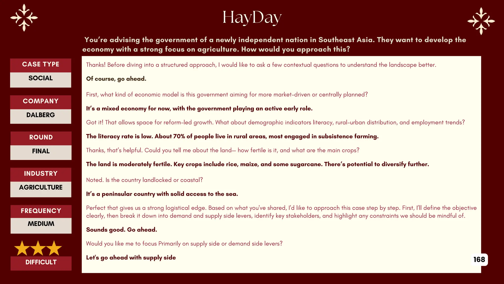 You’re advising the government of a newly independent nation in Southeast Asia. They want to develop the
economy with a strong focus on agriculture. How would you approach this?
Thanks! Before diving into a structured approach, I would like to ask a few contextual questions to understand the landscape better.
Of course, go ahead.
First, what kind of economic model is this government aiming for more market-driven or centrally planned?
It’s a mixed economy for now, with the government playing an active early role.
Got it! That allows space for reform-led growth. What about demographic indicators literacy, rural-urban distribution, and employment trends?
The literacy rate is low. About 70% of people live in rural areas, most engaged in subsistence farming.
Thanks, that’s helpful. Could you tell me about the land— how fertile is it, and what are the main crops?
The land is moderately fertile. Key crops include rice, maize, and some sugarcane. There’s potential to diversify further.
Noted. Is the country landlocked or coastal?
It’s a peninsular country with solid access to the sea.
Perfect that gives us a strong logistical edge. Based on what you've shared, I'd like to approach this case step by step. First, I’ll define the objective
clearly, then break it down into demand and supply side levers, identify key stakeholders, and highlight any constraints we should be mindful of.
Sounds good. Go ahead.
Would you like me to focus Primarily on supply side or demand side levers?
Let's go ahead with supply side
ROUND
FINAL
CASE TYPE
SOCIAL
INDUSTRY
AGRICULTURE
COMPANY
DALBERG
FREQUENCY
MEDIUM
DIFFICULT 168
 