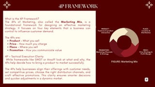 What is the 4P Framework?
The 4Ps of Marketing, also called the Marketing Mix, is a
foundational framework for designing an effective marketing
strategy. It focuses on four key elements that a business can
control to influence customer demand.
The 4Ps are:
Product – What you sell
Price – How much you charge
Place – Where you sell
Promotion – How you communicate value
4P = Tactical Execution Clarity
While frameworks like SWOT or Ansoff look at what and why, the
4Ps help decide how to bring a product to market successfully.
The 4Ps help businesses align their offerings with customer needs,
set competitive prices, choose the right distribution channels, and
craft effective promotions. This clarity ensures smarter decisions
and quicker adjustments in a dynamic market.
PRODUCT :
Features & product
interaction
PLACE :
Location &
Distribution
PROMOTION :
Marketing Channels
& Strategy
PRICE :
Price Strategy &
Profit Margin
FIGURE: Marketing Mix
11
 