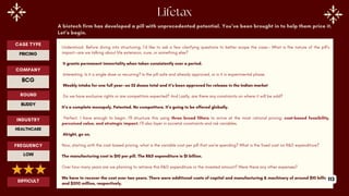 A biotech firm has developed a pill with unprecedented potential. You’ve been brought in to help them price it.
Let’s begin.
Understood. Before diving into structuring, I’d like to ask a few clarifying questions to better scope the case— What is the nature of the pill’s
impact—are we talking about life extension, cure, or something else?
It grants permanent immortality when taken consistently over a period.
Interesting. Is it a single dose or recurring? Is the pill safe and already approved, or is it in experimental phase.
Weekly intake for one full year—so 52 doses total and it’s been approved for release in the Indian market
Do we have exclusive rights or are competitors expected? And Lastly, are there any constraints on where it will be sold?
It’s a complete monopoly. Patented. No competitors. It’s going to be offered globally.
Perfect. I have enough to begin. I’ll structure this using three broad filters to arrive at the most rational pricing: cost-based feasibility,
perceived value, and strategic impact. I’ll also layer in societal constraints and risk variables.
Alright, go on.
Now, starting with the cost-based pricing, what is the variable cost per pill that we're spending? What is the fixed cost on R&D expenditure?
The manufacturing cost is $10 per pill. The R&D expenditure is $1 billion.
Over how many years are we planning to retrieve this R&D expenditure or the invested amount? Were there any other expenses?
We have to recover the cost over two years. There were additional costs of capital and manufacturing & machinery of around $10 billion
and $200 million, respectively.
C
ROUND
BUDDY
CASE TYPE
PRICING
INDUSTRY
HEALTHCARE
COMPANY
BCG
FREQUENCY
LOW
DIFFICULT 113
 
