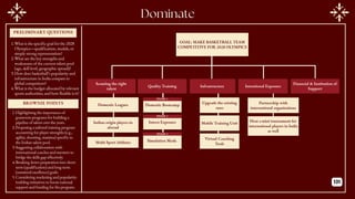 PRELIMINARY QUESTIONS
BROWNIE POINTS
GOAL: MAKE BASKETBALL TEAM
COMPETITIVE FOR 2028 OLYMPICS
Scouting the right
talent
Quality Training Infrastructure Intentional Exposure
Financial & Institution of
Support
Domestic Leagues
Indian origin players in
abroad
Multi Sport Athletes
Upgrade the existing
ones
Mobile Training Unit
Domestic Bootcamp
Intern Exposure
Simulation Mode Virtual Coaching
Tools
PHASE 1
PHASE 2
PHASE 3
Partnership with
international organisations
Host a mini tournament for
international players in India
as well
1.What is the specific goal for the 2028
Olympics—qualification, medals, or
simply strong representation?
2.What are the key strengths and
weaknesses of the current talent pool
(age, skill level, geographic spread)?
3.How does basketball’s popularity and
infrastructure in India compare to
global competitors?
4.What is the budget allocated by relevant
sports authorities, and how flexible is it?
1.Highlighting the importance of
grassroots programs for building a
pipeline of talent over the years.
2.Proposing a tailored training program
accounting for player strengths (e.g.,
agility, shooting, stamina) specific to
the Indian talent pool.
3.Suggesting collaboration with
international coaches and mentors to
bridge the skills gap effectively.
4.Breaking down preparation into short-
term (qualification) and long-term
(sustained excellence) goals.
5.Considering marketing and popularity-
building initiatives to boost national
support and funding for the program.
131
 