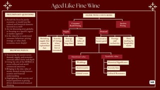 PRELIMINARY QUESTIONS
BROWNIE POINTS
1.Should the focus be purely
economic, or would you like
cultural and historical elements
factored in as well?
2.Are we discussing wine globally,
or focusing on a specific region
or market segment?
3.Is the objective to understand
consumer behaviour, pricing
strategy, or value chain
economics more deeply?
1.Structuring the answer across
demand, supply, and economic
rationale added clarity and depth
2.Citing the role of the HORECA
sector reflected real-world
commercial awareness
3.Bringing in the time value of
money showed strong business
acumen and financial
understanding
4.Highlighting both scarcity and
brand reputation as pricing
drivers demonstrated nuanced
thinking
OLDER WINE COSTS MORE
Consumer
Reatil Pricing
Auction
Pricing
Supply Demand
Shrinking
supply that
cannot be
replenished
fast
Scarcity
of vintage
wines
stored,
lost or
consumed
Storage
costs for
long times
Time
value of
money
Percieved as
luxury good
Prestige
and
exclusivity
Price
markup by
hospitality
sector
Emotional value Symbolic value
Weddings
Anniversaries
Global events
Historical Significance
Scarcity bias
Cultural Resonance
145
 