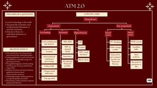 PRELIMINARY QUESTIONS
BROWNIE POINTS
Financial uses
ATM USE CASES
Transactional Non- transactional
Core banking Investment Digital Payment Sunrise
sectors
Sunset
sectors
UPI
Crypto
NFC retail
checkout
Block chain
Cash withdrawal
and deposit
Domestic money
transfer
International
remittance
processing
Utility bills
Cheque book
deliveries
Top up cards
FDs, RDs
SIPs in
mutual
funds
Insurance
AI tailored
financial
profile
1.Level of technology in this world
2.Any particular constraints, such
as infrastructure limitations or
user base restrictions
3.End-user to focus on—
individuals, businesses, or
governments?
1.Clear classification into financial and
non-financial, then subdivided further
2.Linking applications to real-world sectors
like healthcare, renewable energy, and
government services
3.Thoughtful integration of both existing
and future-use cases (e.g. smart homes,
crypto, EVs)
4.Inclusion of sunrise and sunset industry
applications demonstrated
macroeconomic awareness
5.Asking high-quality clarifying questions
to scope the problem accurately
6.Maintaining a balance between creativity
and practical relevance
EV charging
Solar energy
credits
Interactive
government
portals for
financial
literacy
DVD rentals
Landline
bills
Data
archives
Records of
pensions or
PFs
149
 