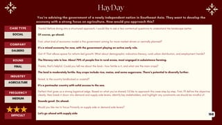 You’re advising the government of a newly independent nation in Southeast Asia. They want to develop the
economy with a strong focus on agriculture. How would you approach this?
Thanks! Before diving into a structured approach, I would like to ask a few contextual questions to understand the landscape better.
Of course, go ahead.
First, what kind of economic model is this government aiming for more market-driven or centrally planned?
It’s a mixed economy for now, with the government playing an active early role.
Got it! That allows space for reform-led growth. What about demographic indicators literacy, rural-urban distribution, and employment trends?
The literacy rate is low. About 70% of people live in rural areas, most engaged in subsistence farming.
Thanks, that’s helpful. Could you tell me about the land— how fertile is it, and what are the main crops?
The land is moderately fertile. Key crops include rice, maize, and some sugarcane. There’s potential to diversify further.
Noted. Is the country landlocked or coastal?
It’s a peninsular country with solid access to the sea.
Perfect that gives us a strong logistical edge. Based on what you've shared, I'd like to approach this case step by step. First, I’ll define the objective
clearly, then break it down into demand and supply side levers, identify key stakeholders, and highlight any constraints we should be mindful of.
Sounds good. Go ahead.
Would you like me to focus Primarily on supply side or demand side levers?
Let's go ahead with supply side
ROUND
FINAL
CASE TYPE
SOCIAL
INDUSTRY
AGRICULTURE
COMPANY
DALBERG
FREQUENCY
MEDIUM
DIFFICULT 168
 