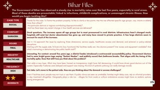 The Government of Bihar has observed a steady rise in mortality rates over the last five years, especially in rural areas.
Most of these deaths are preventable; linked to infections, childbirth complications, or unmanaged chronic illness. How
would you begin tackling this?
Thanks for the case. To frame the problem properly, I’d like to clarify a few points. Has the rise affected specific age groups ; say, infants or elderly
more than others?
Are particular districts or regions contributing disproportionately?
And has there been any recent change in how health services are delivered?
Good questions. The increase spans all age groups but is most pronounced in rural districts. Infrastructure hasn’t changed much;
hospitals still exist but doctor absenteeism has gone up, and many have moved to private practice. A few large districts seem to
account for much of the increase.
Got it. I’d approach the issue by exploring three dimensions; service supply, healthcare access and demand, and external or policy-related
disruptions.
Starting with the supply side, I'd look into how functional the facilities really are. Are doctors present? Are nurses and equipment available? And
what’s motivating or demotivating the public health staff?
Interesting. For context; around five years ago, a district leader introduced a controversial accountability policy. Government doctors
had to wear bright green tags saying “Sarkari Naukar”, and publicly record their bathroom breaks. That aligns with the timing of the
mortality spike. Does that shift how you think about the problem?
That adds a new layer. What may have been framed as transparency might have felt demeaning. It could have driven good doctors out of the
system. Especially if salaries were delayed and support was missing, this kind of symbolic policing can really damage morale.
Fair take. Let’s move to the patient side. How are you thinking about the demand or access challenges?
Even if facilities exist, people may not trust or use them. If public clinics are seen as unreliable, families might delay care, rely on informal providers,
or skip treatment altogether. Geography plays a role too - villages far from roads or without ambulance access might have no realistic options
during emergencies.
ROUND
FINAL
CASE TYPE
SOCIAL
INDUSTRY
HEALTHCARE
COMPANY
SAMAGRA
FREQUENCY
HIGH
MODERATE 179
 