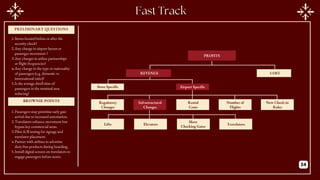 PROFITS
COST
Store Specific
REVENUE
Airport Specific
Rental
Costs
Number of
Flights
Regulatory
Changes
Infrastructural
Changes
New Check-in
Rules
More
Checking Gates
Travelators
Lifts Elevators
PRELIMINARY QUESTIONS
BROWNIE POINTS
1.Stores located before or after the
security check?
2.Any change in airport layout or
passenger movement ?
3.Any changes in airline partnerships
or flight frequencies?
4.Any change in the type or nationality
of passengers (e.g. domestic vs
international ratio)?
5.Is the average dwell time of
passengers in the terminal area
reducing?
1.Passengers may prioritize early gate
arrival due to increased automation.
2.Travelators enhance movement but
bypass key commercial areas.
3.Pilot A/B testing for signage and
travelator placement.
4.Partner with airlines to advertise
duty-free products during boarding.
5.Install digital screens on travelators to
engage passengers before stores.
24
 