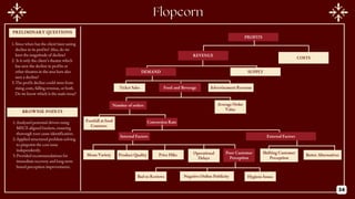 PROFITS
REVENUE
COSTS
DEMAND
Ticket Sales Food and Beverage
PRELIMINARY QUESTIONS
BROWNIE POINTS
SUPPLY
Advertisement Revenue
Number of orders Average Order
Value
Footfall at food
Counters
Conversion Rate
Internal Factors External Factors
Menu Variety Product Quality Price Hike Operational
Delays
Poor Customer
Perception
Shifting Customer
Perception
Better Alternatives
Bad to Reviews Negative Online Publicity Hygiene Issues
1.Since when has the client been seeing
decline in its profits? Also, do we
have the magnitude of decline?
2. Is it only the client’s theatre which
has seen the decline in profits or
other theatres in the area have also
seen a decline?
3.The profit decline could stem from
rising costs, falling revenue, or both.
Do we know which is the main issue?
1.Analyzed potential drivers using
MECE-aligned buckets, ensuring
thorough root cause identification.
2.Applied structured problem-solving
to pinpoint the core issue
independently.
3.Provided recommendations for
immediate recovery and long-term
brand perception improvements.
34
 