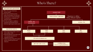 MARKET SIZE
POPULATION=1 BILLION
URBAN- 30%
300 MILLION
RURAL- 70%
RICH
(15%)
UMC
(20%)
LMC
(30%)
BPL
(35%)
35% with 45% adoption rate
300 * 35% * 45% = 47.25 12 Million Units
(47.25 /4 avg household size )
(Population=1.4 Billion)
Taking 1 billion for simplicity
PRELIMINARY QUESTIONS
BROWNIE POINTS
1.What is the scope of the home
security market?
2.Is the client a premium or mass-
market telecom player? Do they have
expertise in IoT or smart technology,
or would this be a completely new
vertical for them?
3.Are there any legal or compliance
constraints around smart locks in
India that might impact market entry?
1.Smart segmentation logic to narrow
down realistic TAM.
2.Sharp identification of security as the
core consumer trust driver in
acquisition decisions.
3.Tailored pricing strategy that captures
diverse consumer personas and
behaviors.
61
 