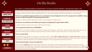Your client is a US based global alcohol brand. You have to decide whether it should enter India or not.
I’ll start with a few preliminary questions. Is the Brand planning to enter a particular alcohol category like whisky, beer, vodka or any other particular
category and what is the goal of the brand behind this move- is it revenue maximisation, long term market presence or something else?
No, there is no particular category and there are no constraints in terms of budget as of now. The company aims to establish a strong
presence in India and capitalize on the growing alcohol market.
Okay, got it. Is there a preferred market entry timeline, or is this a long-term strategic move?
No, there are no constraints on the timeline, just a long-term strategic goal to capture India’s market.
Could you provide an estimate of the current market size of the industry.
You can assume the market size to be $50 billion.
Sure. I’d like to start with my analysis now- I’ll divide the market into 3 categories - whisky, beer, and other categories like vodka, gin, rum, etc. I
believe that whisky might be a preferred category considering the Indian market consumes mostly whisky. Am I right to assume that?
Yes. You can go ahead.
I will allocate percentages to the 3 categories in the alcohol market. I will allot 60% to whisky, 25% to beer and 15 % to the niche categories like
vodka, gin, etc. While beer has significant volume, its margins are relatively lower. The niche categories, including vodka and gin, are primarily
consumed by younger demographics, and the middle-class segment may not be significantly inclined towards them.
That sounds reasonable. You are on the right track.
I’ll start with the regulation and the tax environment. Alcohol is a state subject in India, meaning regulations and tax structures vary by state.
Some states also have prohibition on alcohol like Gujarat. High excise duties and import taxes exist on foreign alcohol brands. To mitigate high
import duties, we can explore bottling operations in India rather than importing finished products or look at partnering with a local manufacturer to
navigate the tax structure more efficiently.
ROUND
PARTNER
CASE TYPE
MARKET ENTRY
INDUSTRY
FMCG
COMPANY
LEK CONSULTING
FREQUENCY
HIGH
MODERATE 63
 