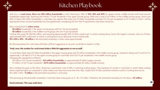 And now, in rural areas, there are 250 million households in total. Assuming a filter of 10%, 30% and 60% for upper-income, middle-income and lower-income
households respectively. Assuming that there's 1 TV per household in the upper-income group, there are a total of 25 million. In the middle-income group, which was
30% of these 250 million households in rural India, you assume that there are 75 million households and then 0.5 TVs per household, so 37.5 million in total. I will be
ignoring the lower-income households from this guesstimate, considering the fact that TV penetration rate there will be low.
Now, coming back to urban areas,
· 20 million households in the upper-income group with two TVs per household
· 50 million households in the middle-income group with one TV per household
Totaling that gives 90 (40+50) million, and assuming approximately 50% of them would want to watch cooking shows (since the target is women), and out of them,
approximately 40% would want to watch a cooking show by Jio (because it has a market pull).
90 x 50% x 40% = 18 million is the estimated viewership in urban areas approximately
But the assumptions for rural areas still looks a little bit aggressive to me and I would like to tweak it a little.
Yeah, sure, the number for rural areas looks a little bit aggressive to me as well.
In rural India, there were 25 million households in the upper-income group and 75 million households in the middle-income group. Instead of taking one TV and 0.5 TV,
respectively, I will take 0.5 TV in the upper-income group for rural India and 0.25 TV per household in the middle-income group.
Changing the calculations a little bit:
· 25 million x 0.5 TVs per household = 12.5 million households, so approximately 10 million (upper-income)
· 75 million x 0.25 TVs per household = 18.75 million households, so approximately 20 million (middle-income)
Now, totaling this gives us 30 million. Assuming a penetration rate of 60% in watching cooking shows. The propensity of women in rural India to watch these cooking
shows might be higher as compared to urban areas since they have more free time. Also, maybe 50% of them would be inclined to watch a cooking show by Jio.
30 x 60% x 50% = 9 million is the estimated viewership in rural areas
And summing up the estimated viewership in rural and urban areas gives us, 9 + 18 = 27 million. Therefore, the estimated viewership for this show is 27 million.
Good estimate. The case ends here. 81
 