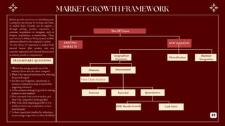 No.Of Users
EXISTING
MARKETS
NEW MARKETS
Geographical
Expansion
Business
Integration
Domestic International
Value Chain Analysis
Internal Quantitative
External
Cash Flows
ROI/ Hurdle Growth
Diversification
85
1. What is the average growth rate of the
industry? How does the client compare?
2.What is the expected timeframe for achieving
the growth target?
3.Are there any budgetary, operational, or
resource constraints to keep in mind while
suggesting solutions?
4. Is the company aiming for growth in existing
markets or new markets?
5.How saturated is the current market, and
what’s the competitive landscape like?
6.Why is the client targeting growth? Is it to
satisfy investors, stay competitive, or meet
internal goals?
7. Is there a particular timeline for achieving a
set percentage of growth or is there flexibility?
PRELIMINARY QUESTIONS
Market growth cases focus on identifying ways
a company can increase its revenue, user base,
or market share. Growth can be organic—
through pricing, product expansion, or
customer acquisition—or inorganic, such as
mergers, acquisitions, or partnerships. These
cases test your ability to find practical, scalable
solutions tailored to the company’s context.
To solve them, it’s important to analyze both
internal factors (like product mix and
customer segments) and external factors (such
as industry trends or competition).
 