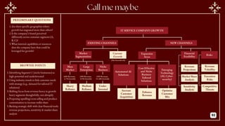 PRELIMINARY QUESTIONS
BROWNIE POINTS
1.Are there specific geographies where
growth has stagnated more than others?
2.Is the company’s brand perceived
differently across customer segments (A,
B, C)?
3.What internal capabilities or resources
does the company have that could be
leveraged for growth?
1.Identifying Segment C (niche businesses) as
high-potential and underinvested
2.Using industry trends to link customer needs
with strategy (e.g., demand for tailored IT
solutions)
3.Shifting focus from revenue-heavy to growth-
heavy segments thoughtfully, not abruptly
4.Proposing upselling/cross-selling and product
customization to increase wallet share
5.Backing strategic shift with clear financial tools:
revenue projections, sensitivity & market share
analysis
IT SERVICE COMPANY GROWTH
EXISTING CHANNELS NEW CHANNELS
(Net Growth 6%)
(60% Revenue,
6-7% Growth)
(30% Revenue,
8-9% Growth)
(10% Revenue,
15-20% Growth)
Under-
Invested
Heavy
Reliance
Medium
Reliance
Niche
Business
Mass
Market
Large
Enterprises
Market
Segmentation
Current
Growth
Expansion
Areas
Emerging
Technology
(AI, Cyber-
security)
Automated AI
Solutions
Cost Effective
and Niche
Business
Tailored
Solutions
Optimise
Customer
Mix
Increase
Customer
Acquisition
Enhance
Revenue
Financial
Feasibility
Revenue
Projections
Market Share
Analysis
Sensitivity
Analysis
Revenue
Volatility
Execution
Risks
Competitive
Threats
Risks
92
 
