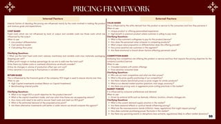 COST BASED
Fixed costs which are not influenced by level of output and variable costs are those costs which are
influenced by the output-
When to use-
Low product differentiation
Cost sensitive market
Calculating floor price
Clarifying Questions -
1. What are the total fixed costs (rent, salaries, machinery) and variable costs (raw materials, packaging,
shipping) per unit?
2.What profit margin or markup percentage do we aim to add over the total cost?
3.Are there any hidden costs or overhead allocations we should consider?
4.How do changes in volume of production affect per-unit cost?
5.How sensitive is our pricing to fluctuations in variable costs?
RETURN BASED
This is influenced by the financial goals of the company, ROI target is used to ensure returns over time.
When to use-
High Capital investments involved (Return on Capital Investment)
Benchmarking internal profits
Clarifying Questions -
What is our target ROI or profit objective for this product/service?
What is the capital investment made, and over what time frame are we expecting returns?
How many units need to be sold to recover fixed costs and meet our ROI goal?
What is the estimated demand at the proposed price point?
Are there alternative investments with better or safer returns we should compare this against?
Internal Factors External Factors
99
VALUE-BASED
This is influenced by the utility derived from the product or service to the consumers and how they perceive it
When to use-
Unique product or offering personalised experience
High benefit or premium product where customer is willing to pay more
Clarifying Questions -
What is the customer’s willingness to pay for this product/service?
How does the perceived value compare to competing products?
What unique value proposition or differentiation does this offering provide?
How price-sensitive are customers in this segment?
Are there emotional or brand-driven factors affecting perceived value?
COMPETITION BASED
Analyzing how competitors are offering the product or service and how that impacts the pricing objective for the
company’s product/service
When to use-
Crowded markets with similar offerings
Price sensitive consumer base
Clarifying Questions -
Who are our main competitors and what are their prices?
What is the price-quality positioning of our competitors?
Are there industry benchmark prices or price ranges for similar products?
What is our desired market position (premium, mid-range, economy)?
Are there any pricing wars or aggressive price-cutting practices in the market?
MARKET FORCES
It is influenced by consumer preferences and demand
When to use-
Driven by external shifts such as festivals, inflation, location, climatic changes etc.
Clarifying Questions
What is the current demand-supply situation in the market?
Are there seasonal effects or cyclical trends influencing pricing?
What are the macroeconomic trends (inflation, taxes, regulations) that might impact pricing?
How does customer purchasing power fluctuate in this market?
Are there any upcoming events or disruptions (new entrants, regulations) likely to affect market dynamics?
Internal factors of deciding the pricing are influenced mainly by the costs involved in making the product
and revenue goals and expectations.
 