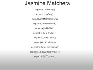 Jasmine Matchers expect(x).toEqual(y)   expect(x).toBe(y);   expect(x).toMatch(pattern)  expect(x).toBeDefined()  expect(x).toBeNull();   expect(x).toBeTruthy();  expect(x).toBeFalsy(); expect(x).toContain(y); expect(x).toBeLessThan(y); expect(x).toBeGreaterThan(y); expect(fn).toThrow(e); 