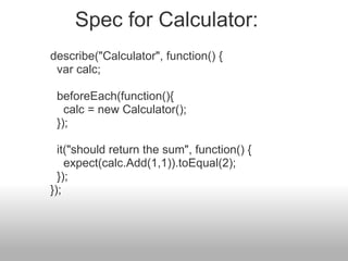 describe("Calculator", function() {   var calc;   beforeEach(function(){     calc = new Calculator();   });   it("should return the sum", function() {     expect(calc.Add(1,1)).toEqual(2);   }); }); Spec for Calculator: 