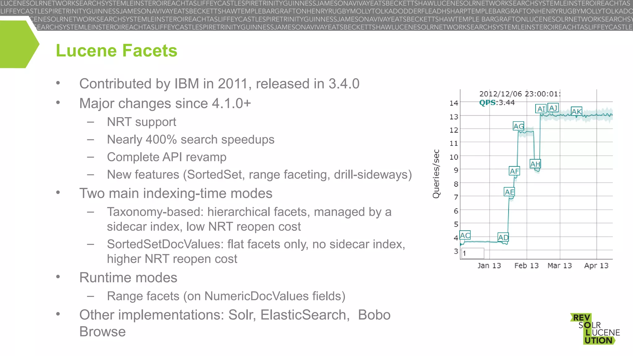 Lucene Facets
•
•

Contributed by IBM in 2011, released in 3.4.0
Major changes since 4.1.0+
–
–
–
–

•

Two main indexing-time modes
–
–

•

Taxonomy-based: hierarchical facets, managed by a
sidecar index, low NRT reopen cost
SortedSetDocValues: flat facets only, no sidecar index,
higher NRT reopen cost

Runtime modes
–

•

NRT support
Nearly 400% search speedups
Complete API revamp
New features (SortedSet, range faceting, drill-sideways)

Range facets (on NumericDocValues fields)

Other implementations: Solr, ElasticSearch, Bobo
Browse

 