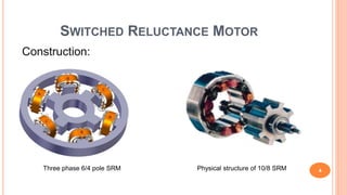 SWITCHED RELUCTANCE MOTOR
4
Construction:
Three phase 6/4 pole SRM Physical structure of 10/8 SRM
 