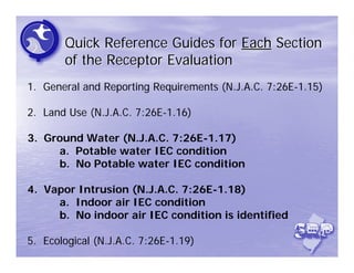 Quick Reference Guides for Each Section
       of the Receptor Evaluation
1. General and Reporting Requirements (N.J.A.C. 7:26E-1.15)

2. Land Use (N.J.A.C. 7:26E-1.16)

3. Ground Water (N.J.A.C. 7:26E-1.17)
     a. Potable water IEC condition
     b. No Potable water IEC condition

4. Vapor Intrusion (N.J.A.C. 7:26E-1.18)
     a. Indoor air IEC condition
     b. No indoor air IEC condition is identified

5. Ecological (N.J.A.C. 7:26E-1.19)
 