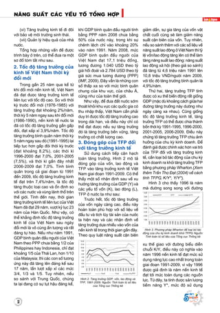 2
Naêng suaát caùc yeáu toá toång hôïp
Supported by
(2008 - 2013)
2
(vi) Taêng tröôûng kinh teá ñi ñoâi
vôùi baûo veä moâi tröôøng sinh thaùi.
(vii) Quaûn lyù hieäu quaû cuûa nhaø
nöôùc.
Toång hôïp nhöõng vaán ñeà ñöôïc
trình baøy ôû treân, coù theå ñöa ra moät
sô ñoà toùm taét nhö sau.
2. Toác ñoä taêng tröôûng cuûa
kinh teá Vieät Nam thôøi kyø
ñoåi môùi
Trong gaàn 25 naêm qua keå töø
khi ñoåi môùi neàn kinh teá, Vieät Nam
ñaõ ñaït ñöôïc taêng tröôûng kinh teá
lieân tuïc vôùi toác ñoä cao. So vôùi thôøi
kyø tröôùc ñoåi môùi (1976-1985) vôùi
taêng tröôûng ñaït khoaûng 2%/naêm,
thôøi kyø 5 naêm ngay sau khi ñoåi môùi
(1986-1990), neàn kinh teá nöôùc ta
ñaõ coù toác ñoä taêng tröôûng gaàn gaáp
ñoâi, ñaït xaáp xæ 3,9%/naêm. Toác ñoä
taêng tröôûng bình quaân naêm thôøi kyø
5 naêm ngay sau ñoù (1991-1995) laïi
tieáp tuïc hôn gaáp ñoâi thôøi kyø tröôùc
(ñaït khoaûng 8,2%), caùc thôøi kì
1996-2000 ñaït 7,0%, 2001-2005
(7,5%), vaø thôøi kì gaàn ñaây nhaát
2006-2009 ñaït 7,0%. Tính bình
quaân trong caû giai ñoaïn töø 1991
ñeán 2009, toác ñoä taêng tröôûng kinh
teá ñaït treân 7,4%/naêm, laø toác ñoä
taêng thuoäc loaïi cao vaø oån ñònh so
vôùi caùc nöôùc vaø vuøng laõnh thoå treân
theá giôùi. Tính ñeán nay, thôøi gian
taêng tröôûng kinh teá lieân tuïc cuûa Vieät
Nam ñaõ ñaït 29 naêm, vöôït kyû luïc 23
naêm cuûa Haøn Quoác. Nhö vaäy, coù
theå khaúng ñònh toác ñoä taêng tröôûng
kinh teá cuûa Vieät Nam sau ngaøy
ñoåi môùi laø voâ cuøng aán töôïng vaø raát
ñaùng töï haøo. Neáu nhö naêm 1991,
GDP bình quaân ñaàu ngöôøi cuûa Vieät
Nam theo PPP chöa baèng 1/2 cuûa
Philippines hay Indonesia, chæ ñaït
khoaûng 1/5 cuûa Thaùi Lan, hôn 1/10
cuûa Malaysia; thì caùc con soá töông
öùng naøy ñaõ taêng leân ñaùng keå sau
17 naêm, laàn löôït xaáp xæ caùc möùc
3/4, 1/3 vaø 1/5. Tuy nhieân, neáu
so saùnh vôùi Trung Quoác, chuùng
ta laïi ñang coù söï tuït haäu ñaùng keå,
khi GDP bình quaân ñaàu ngöôøi tính
baèng PPP naêm 2008 chöa baèng
50% cuûa nöôùc naøy, trong khi söï
cheânh leäch chæ vaøo khoaûng 20%
vaøo naêm 1991. Naêm 2008, möùc
GDP bình quaân ñaàu ngöôøi cuûa
Vieät Nam ñaït 17,1 trieäu ñoàng,
töông ñöông 1.040 USD theo tyû
giaù hoái ñoaùi vaø 2.784 USD theo tyû
giaù söùc mua töông ñöông (PPP)
(IMF, 2009). Ñaây vaãn laø nhöõng con
soá thaáp xa so vôùi möùc bình quaân
chung cuûa khu vöïc, cuûa chaâu AÙ,
cuõng nhö cuûa toaøn theá giôùi.
Nhö vaäy, ñeå ñöa ñaát nöôùc sôùm
thoaùt khoûi khu vöïc caùc quoác gia coù
thu nhaäp thaáp, Vieät Nam caàn phaûi
duy trì ñöôïc toác ñoä taêng tröôûng cao
trong daøi haïn, vaø ñieàu naøy chæ coù
theå ñaït ñöôïc neáu söï taêng tröôûng
ñoù laø taêng tröôûng beàn vöõng, taêng
tröôûng coù chaát löôïng cao.
3. Ñoùng goùp cuûa TFP ñoái
vôùi taêng tröôûng kinh teá
Söû duïng caùch tieáp caän haïch
toaùn taêng tröôûng, Hình 2 moâ taû
ñoùng goùp cuûa voán, lao ñoäng vaø
TFP vaøo taêng tröôûng kinh teá Vieät
Nam giai ñoaïn 1991-2009. Coù theå
thaáy moät soá nhaän ñònh sau veà xu
höôùng taêng tröôûng cuûa GDP (Y) vaø
caùc yeáu toá voán (K), lao ñoäng (L),
TFP ôû nöôùc ta nhö sau:
Tröôùc heát, toác ñoä taêng tröôûng
cuûa voán ngaøy caøng cao, ñieàu naøy
hoaøn toaøn phuø hôïp vôùi soá lieäu veà
ñaàu tö vaø tích luõy taøi saûn cuûa nöôùc
ta hieän nay vaø caùc nhaän ñònh veà
taêng tröôûng döïa nhieàu vaøo voán cuûa
neàn kinh teá trong thôøi gian gaàn ñaây.
Theo quy luaät naêng suaát caän bieân
giaûm daàn, söï gia taêng cuûa voán vaät
chaát cuoái cuøng seõ laøm giaûm naêng
suaát caän bieân cuûa voán. Tuy nhieân,
neáu so saùnh theâm vôùi caùc soá lieäu veà
naêng suaát lao ñoäng ôû Vieät Nam thì tyû
leä voán/lao ñoäng taêng leân coù theå laøm
taêng naêng suaát lao ñoäng: naêng suaát
lao ñoäng xaõ hoäi (theo giaù so saùnh)
ñaõ taêng töø 4,6 trieäu naêm 1991 leân
10,8 trieäu VND/ngöôøi naêm 2009,
vôùi toác ñoä taêng tröôûng bình quaân laø
4,9%/naêm.
Thöù hai, taêng tröôûng TFP tính
ñöôïc coù xu theá bieán ñoäng raát gioáng
GDP (maëc duø khoaûng caùch giöõa hai
ñöôøng taêng tröôûng naøy döôøng nhö
ngaøy caøng xa nhau). Cuõng gioáng
toác ñoä taêng tröôûng kinh teá, taêng
tröôûng TFP coù theå ñöôïc chia thaønh
boán thôøi kyø 1991-1995, 1996-2000,
2001-2005, 2006-2009. Ñieàu naøy
chöùng toû taêng tröôûng TFP chòu aûnh
höôûng cuûa chu kyø kinh doanh. Ñeå
ñaùnh giaù ñöôïc chính xaùc hôn vai troø
cuûa TFP ñoái vôùi taêng tröôûng kinh
teá, caàn loaïi boû taùc ñoäng cuûa chu kyø
kinh doanh ra khoûi taêng tröôûng TFP
baèng phöông phaùp Wharton.(Xem
theâm Traàn Thoï Ñaït (2004) veà caùch
tính TFPG, K/Y*, Y/Y*).
Hình 3 cho thaáy 1996 laø naêm
maø ñöôøng song song vôùi ñöôøng
xu theá giao vôùi ñöôøng bieåu dieãn
chuoãi K/Y, ñieàu naøy coù nghóa vaøo
naêm 1996 neàn kinh teá ñaït möùc söû
duïng naêng löïc cao nhaát trong toaøn
giai ñoaïn 1991-2009, vì vaäy 1996
ñöôïc giaû ñònh laø naêm neàn kinh teá
ñaït tôùi möùc toaøn duïng caùc nguoàn
löïc. Töø ñaây, ta tính ñöôïc saûn löôïng
tieàm naêng Y*, möùc ñoä söû duïng
Hình 2. Taêng tröôûng GDP, voán, lao ñoäng vaø
TFP, 1991-2009. Nguoàn: Tính toaùn töø soá lieäu
cuûa Toång cuïc Thoáng keâ
Hình 3. Phöông phaùp Wharton ñeå loaïi boû taùc
ñoäng cuûa chu kyø kinh doanh khoûi TFPG. Nguoàn:
Tính toaùn töø soá lieäu cuûa Toång cuïc Thoáng keâ
 