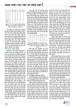 6
Naêng suaát caùc yeáu toá toång hôïp
Supported by
(2008 - 2013)
6
Supported by
(2008 - 2013)
Baûng 7. Voán con ngöôøi vaø taêng tröôûng
TFP. Ñôn vò: %. Nguoàn: Tính toaùn töø soá
lieäu cuûa Toång cuïc Thoáng keâ
Tuy vaäy, coù moät löu yù nhoû ôû
soá lieäu lao ñoäng toát nghieäp THCS.
Do vieäc chia nhoùm lao ñoäng theo
caùch neâu treân daãn ñeán vieäc boû
qua moät löïc löôïng lao ñoäng raát lôùn
ñöôïc ñaøo taïo ngheà ngay sau khi
toát nghieäp tieåu hoïc hoaëc THCS.
Vì vaäy, tyû leä lao ñoäng toát nghieäp
THCS coù quan heä ngöôïc chieàu vôùi
TFPG cho thaáy thöôùc ño naøy caàn
ñöôïc nghieân cöùu theâm.
Ñoåi môùi coâng ngheä
Nghieân cöùu thöïc nghieäm ôû
nhieàu quoác gia khaúng ñònh vai
troø cuûa chi tieâu cho R&D (nghieân
cöùu vaø trieån khai) ñoái vôùi hieäu quaû
coâng ngheä raát quan troïng. Phaân
tích naøy laáy soá baèng phaùt minh
saùng cheá ñöôïc caáp môùi laøm ñaïi
dieän cho möùc R&D (vôùi giaû ñònh
laø soá baèng phaùt minh saùng cheá tyû
leä vôùi hoaït ñoäng R&D). Soá lieäu töø
Cuïc Sôû höõu trí tueä (2010) cho thaáy
vieäc caáp soá baèng ñoäc quyeàn saùng
cheá, soá baèng ñoäc quyeàn giaûi phaùp
höõu ích, soá baèng ñoäc quyeàn kieåu
daùng coâng nghieäp vaø giaáy chöùng
nhaän ñaêng kyù nhaõn hieäu maëc duø
ngaøy caøng cao, tuy nhieân vaãn coøn
raát khieâm toán. Xeùt veà ñaàu tö, chi
tieâu chính phuû cho söï nghieäp khoa
hoïc vaø coâng ngheä moâi tröôøng
trong 20 naêm qua chöa töøng ñaït
ñeán 2% toång chi tieâu (cao nhaát
vaøo khoaûng 1,9% trong giai ñoaïn
1996-2000). Soá löôïng baèng phaùt
minh saùng cheá ñöôïc caáp trong thôøi
kyø 1991-2009 cuõng chæ taäp trung
cho ñoái töôïng ngöôøi nöôùc ngoaøi
(chieám 95,2%).
Tuy vaäy, heä soá töông quan
giöõa soá baèng ñoäc quyeàn saùng cheá
vaø taêng tröôûng TFP baèng 47,7%,
ñieàu naøy khaúng ñònh caûi tieán coâng
ngheä coù taùc ñoäng toát ñeán hieäu quaû
kyõ thuaät cuûa neàn kinh teá Vieät Nam
trong giai ñoaïn 1991-2009. Baûng
8 trình baøy keát quaû nghieân cöùu cuûa
Toång cuïc Tieâu chuaån Ño löôøng
Chaát löôïng (2010) veà ñoùng goùp
cuûa caùc yeáu toá nhö thay ñoåi cô caáu
lao ñoäng, xuaát nhaäp khaåu vaø khoa
hoïc coâng ngheä vaøo TFP trong caùc
naêm 2006-2008.
Baûng 8. Ñoùng goùp cuûa caùc yeáu toá vaøo
taêng tröôûng TFP. Ñôn vò: %. Nguoàn: Toång
cuïc Tieâu chuaån Ño löôøng Chaát löôïng
(2010)
Keát quaû cuûa nghieân cöùu naøy
khaúng ñònh söï thay ñoåi cô caáu kinh
teá vaø hoaït ñoäng nghieân cöùu khoa
hoïc - coâng ngheä coù taùc ñoäng tích
cöïc ñeán taêng TFP, tuy nhieân laïi ñaët
caâu hoûi veà aûnh höôûng cuûa xuaát,
nhaäp khaåu tôùi TFPG (naêm 2008).
Coù theå thaáy, caùc heä soá töông quan
tính toaùn ôû treân chöa theå hieän heát
moái quan heä giöõa TFPG vôùi caùc
nhaân toá, vaø moät moâ hình hoài quy
sau naøy laø caàn thieát ñeå giuùp chuùng
ta loaïi tröø nhöõng aûnh höôûng qua laïi
laãn nhau giöõa chính caùc nhaân toá coù
taùc ñoäng tôùi TFPG.
5. YÙ nghóa chính saùch
Töø nhöõng phaân tích treân ñaây veà
TFP trong giai ñoaïn 1991-2010, coù
theå ruùt ra moät soá keát luaän sau:
Chính saùch chuyeån dòch cô caáu
kinh teá: Keát quaû phaân tích cho thaáy
hieäu öùng tích cöïc cuûa chuyeån dòch
cô caáu kinh teá ñoái vôùi hieäu quaû
coâng ngheä. Tuy nhieân, söï phaân boå
laïi löïc löôïng lao ñoäng töø khu vöïc
noâng nghieäp sang khu vöïc coâng
nghieäp vaãn coøn khieâm toán, qua ñoù
haïn cheá vieäc naâng cao naêng suaát
lao ñoäng. Ñeán nay, tyû leä lao ñoäng
laøm vieäc ôû khu vöïc noâng thoân vaãn
chieám tôùi hôn 50% toaøn boä löïc
löôïng lao ñoäng. Khu vöïc naøy hieän
coù lao ñoäng trình ñoä khoâng cao
(möùc voán con ngöôøi thaáp), cuõng
khoâng khuyeán khích nhieàu hoaït
ñoäng R&D, khoâng thu huùt ñöôïc
FDI, vaø möùc ñoä ñoùng goùp cho xuaát
khaåu cuõng haïn cheá. Bôûi vaäy, giaûi
phaùp nhaèm thuùc ñaåy taêng tröôûng
TFP phaûi taäp trung vaøo chuyeån
dòch cô caáu kinh teá vaø cô caáu lao
ñoäng, ñi keøm vôùi ñaàu tö cao hôn
vaøo giaùo duïc vaø ñaøo taïo ñeå ñaùp
öùng nhu caàu phaùt trieån.
Chính saùch ñaàu tö: Phaân tích
taùc ñoäng cuûa ñaàu tö trong nöôùc ñoái
vôùi hieäu quaû coâng ngheä cho thaáy
ñaàu tö tö nhaân ñoùng vai troø quan
troïng cho vieäc naâng cao hieäu quaû
coâng ngheä. Trong khi FDI (ngoaïi
löïc) thöïc söï coù hieäu öùng döông
vôùi taêng tröôûng TFP thì ñoái vôùi
voán trong nöôùc, caàn xem xeùt laïi
vaán ñeà hieäu quaû ñaàu tö ôû khu vöïc
nhaø nöôùc.
Chính saùch thöông maïi: caùc keát
quaû phaân tích töông quan cho thaáy
thöông maïi quoác teá coù taùc ñoäng
tích cöïc ñeán hieäu quaû kyõ thuaät, tuy
nhieân hieäu öùng naøy giaûm theo thôøi
gian, theå hieän cô caáu xuaát nhaäp
khaåu chöa beàn vöõng (xuaát khaåu saûn
phaåm thoâ trong khi nhaäp khaåu saûn
phaåm ñaõ qua cheá bieán). Vieät Nam
caàn xaùc ñònh lôïi theá caïnh tranh daøi
haïn trong thöông maïi quoác teá vaø coù
nhöõng chính saùch ñuùng ñaén ñeå thay
ñoåi cô caáu xuaát nhaäp khaåu.
Chính saùch veà khoa hoïc vaø
coâng ngheä: Roõ raøng R&D coù taùc
ñoäng tích cöïc ñeán taêng tröôûng
TFP, nhöng chi tieâu ngaân saùch
cho khoa hoïc - coâng ngheä ôû Vieät
Nam coøn quaù thaáp. Trong boái caûnh
nguoàn löïc nhaø nöôùc coøn haïn cheá,
thì vieäc khuyeán khích khu vöïc tö
nhaân tham gia vaøo hoaït ñoäng naøy
caàn ñöôïc ñaåy maïnh, ñaëc bieät thoâng
qua caùc moái lieân keát giöõa tröôøng ñaïi
hoïc vaø doanh nghieäp.
 