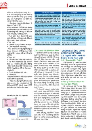 17
LEAN 6 SIGMA
nhaân söï, quaûn lyù baùn haøng, v.v....
Caùc tính naêng naøy coù theå ñem laïi
nhieàu lôïi ích cho coâng ty vaø khoâng
gaây aûnh höôûng tröïc tieáp ñeán khaû
naêng trieån khai lean.
AÙp duïng nguyeân taéc Lean “8
laõng phí” vaøo ERP
- Saûn xuaát thöøa: Chæ ñieàu ñoä nhöõng
gì caàn thieát döïa treân Ñieàu ñoä saûn
xuaát toång theå (MPS) vaø Hoaïch
ñònh nhu caàu vaät tö (MRP).
- Thôøi gian chôø: Giaûm thôøi gian
ñieàu ñoä (laäp keá hoaïch vaø ñieàu ñoä
haøng ngaøy hoaëc moãi ca).
- Toàn kho:
+ Loaïi boû löôïng toàn kho an toaøn.
+ Laøm theo ñôn ñaët haøng.
- Vaän chuyeån: Söû duïng nhöõng kyõ
thuaät tinh goïn khoâng phaûi kieåm
soaùt phaân xöôûng baèng thoáng keâ
(SFC).
- Thao taùc:
+ Toái thieåu hoùa coâng vieäc ñieàu ñoä.
+ Toái thieåu hoùa hoaëc loaïi boû vieäc
baùo caùo veà saûn xuaát vaø lao ñoäng.
- Quy trình: Loaïi boû vieäc söû duïng
SFC, thay baèng JIT vaø Kanban.
- Sai soùt:
+ Cô sôû döõ lieäu chính xaùc.
+ Thoâng tin:
- Laäp keá hoaïch vaø ñieàu ñoä ñaït hieäu
suaát vaø hieäu quaû cao.
Vieäc öùng duïng nhuaàn nhuyeãn
caùc nguyeân taéc cuûa Lean coù theå
bieán ñoåi ERP thaønh Lean ERP
vôùi caùc ñaëc ñieåm nhö sau:
2.5.4 Lean vaø ISO9001:2000
ISO9001:2000 laø moät heä thoáng
quaûn lyù chaát löôïng giuùp ñaûm baûo
raèng coâng ty coù moät heä thoáng cô
baûn ñeå ñaùp öùng yeâu caàu chaát
löôïng cuûa khaùch haøng moät caùch
nhaát quaùn. So vôùi ISO9001:2000,
Lean coù theå ñöôïc xem nhö moät
heä thoáng quaûn lyù tính hieäu quaû
nhaèm laøm giaûm taát caû söï laõng phí
vaø baát hôïp lyù trong quaù trình saûn
xuaát. Maëc duø caùc muïc tieâu naøy
cuõng truøng laép treân nhieàu phöông
dieän, ñaëc bieät caû hai ñeàu nhaèm
giaûm thieåu möùc pheá phaåm ñeán
tay khaùch haøng, noùi chung hai heä
thoáng vaãn coù nhieàu ñieåm khaùc bieät
quan troïng.
Ví duï, moät coâng ty coù theå tuaân
thuû 100% theo ISO9001:2000,
nhöng möùc ñoä laõng phí vaø keùm hieäu
quaû vaãn coøn cao. Moät caùch phaân
bieät quan troïng laø ISO9001:2000
ñoøi hoûi caùc quy trình trong coâng ty
phaûi ñaït tôùi moät tieâu chí toái thieåu,
trong khi Lean nhaém tôùi caûi tieán
quy trình lieân tuïc vaø cung caáp moät
loaït phöông phaùp ñeå ñaït ñöôïc caùc
caûi tieán naøy.
Nhìn chung, ISO9001 ñöôïc
xem nhö moät neàn taûng toát cho
Lean vaø caû hai phöông phaùp ñeàu
boå sung cho nhau.
CHÖÔNG 3: ÖÙNG DUÏNG
LEAN TAÏI VIEÄT NAM
3.1 Toyota Beán Thaønh vaø
Bao bì Ñoâng Nam Vieät
3.1.1 Toyota Beán Thaønh
Caùch quaûn lyù Lean döïa treân
neàn taûng TPS cuûa Toyota neân seõ
raát phuø hôïp cho caùc coâng ty saûn
xuaát xe hôi vaø xe gaén maùy. Ngoaøi
ra moät soá ngaønh cô khí, ñieän töû,
ñieän gia duïng, laøm ñoà goã, laøm
haøng tieâu duøng, giaøy deùp, may
xuaát khaåu, tuùi xaùch, ñoà chôi, ñoà
nhöïa, buùt bi...
Cô sôû lyù luaän cuûa Lean taïi
Toyota Beán Thaønh:
Xí nghieäp oâ toâ Toyota Beán
Thaønh ñöôïc thaønh laäp naêm 1993
vaø trôû thaønh ñaïi lyù chính thöùc cuûa
Coâng ty oâ toâ Toyota Vieät Nam vaøo
naêm 1999. Coâng ty cung caáp dòch
vuï: kinh doanh xe oâ toâ Toyota,
traïm baûo döôõng, söûa chöõa xe oâ
toâ Toyota vaø kinh doanh phuï tuøng
Toyota chính hieäu. Hieän taïi, xí
nghieäp coù nguoàn nhaân löïc maïnh
vôùi gaàn 200 caùn boä, nhaân vieân,
trong ñoù coù 64 ngöôøi laøm vieäc taïi
boä phaän söûa chöõa thaân xe vaø sôn.
Toyota Beán Thaønh luoân laø moät
trong nhöõng ñaïi lyù coù hoaït ñoäng
kinh doanh xuaát saéc nhaát trong heäHình 6: Keát Hôïp Lean vaø ERP
ERP vaø Lean laøm vieäc vôùi nhau
ERP truyeàn thoáng Lean ERP
Laäp keá hoaïch saûn xuaát döïa vaøo söï keát hôïp
caùc ñôn ñaët haøng thöïc teá vaø döï baùo baùn haøng
Saûn xuaát chæ döïa vaøo ñôn ñaët haøng thöïc
teá nhaän ñöôïc
Thôøi gian laäp keá hoaïch vaø saûn xuaát coù theå
ngaén trong vaøi tuaàn nhöng cuõng coù theå
daøi trong moät naêm hoaëc hôn. Trung bình
thöôøng vaøo khoaûng 12 tuaàn
Laäp keá hoaïch vaø ñieàu ñoä saûn xuaát döïa
treân naêng löïc saûn xuaát haøng ngaøy vaø caùc
ñôn ñaët haøng thöïc teá nhaän ñöôïc
Caùc saûn phaåm ñöôïc saûn xuaát haøng loaït lôùn
ñeå ñaït ñöôïc hieäu suaát cao veà laâu veà daøi
Saûn xuaát theo moâ hình hoãn hôïp trong ñoù
haøng hoùa coù theå ñöôïc saûn xuaát theo loaït
nhoû hoaëc ñôn chieác
Caùc saûn phaåm ñöôïc di chuyeån xuyeân
suoát nhaø maùy theo loaït vôùi nhöõng nguyeân
coâng rieâng reû ñöôïc hoaøn thaønh tröôùc khi di
chuyeån ñeán nguyeân coâng tieáp theo
Do moãi nguyeân coâng ñöôïc hoaøn thaønh
treân moät boä phaän ñôn leû, moãi boä phaän
ñöôïc di chuyeån ñeán nguyeân coâng tieáp
theo trong doøng coâng vieäc lieân tuïc
Vaän haønh döïa treân khaùi nieäm caùc trung taâm
gia coâng
Yeâu caàu chuyeàn saûn xuaát phaûi ñöôïc caân
baèng vôùi caùc thôøi gian ñònh möùc vaø chu
kyø saûn xuaát ñöôïc ñoàng boä hoùa
Mua saém vaät tö döïa vaøo ñieàu ñoä saûn xuaát ñaõ
döï baùo thoâng qua heä thoáng ERP truyeàn thoáng
Kanban ñöôïc söû duïng ñeå xaùc ñònh nhu
caàu mua vaät tö vaø phuï tuøng
 