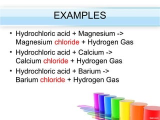 EXAMPLES
• Hydrochloric acid + Magnesium ->
Magnesium chloride + Hydrogen Gas
• Hydrochloric acid + Calcium ->
Calcium chloride + Hydrogen Gas
• Hydrochloric acid + Barium ->
Barium chloride + Hydrogen Gas

 