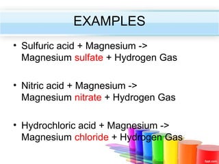 EXAMPLES
• Sulfuric acid + Magnesium ->
Magnesium sulfate + Hydrogen Gas
• Nitric acid + Magnesium ->
Magnesium nitrate + Hydrogen Gas
• Hydrochloric acid + Magnesium ->
Magnesium chloride + Hydrogen Gas

 