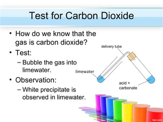 Test for Carbon Dioxide
• How do we know that the
gas is carbon dioxide?
• Test:

delivery tube

– Bubble the gas into
limewater.
limewater

• Observation:
– White precipitate is
observed in limewater.

acid +
carbonate

 