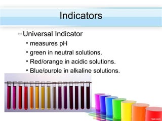 Indicators
– Universal Indicator
• measures pH
• green in neutral solutions.
• Red/orange in acidic solutions.
• Blue/purple in alkaline solutions.

 
