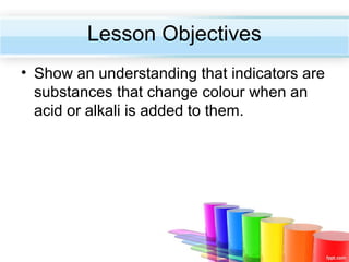 Lesson Objectives
• Show an understanding that indicators are
substances that change colour when an
acid or alkali is added to them.

 
