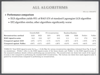 ALL ALGORITHMS
Performance comparison!
EGS algorithm yields 95% of BAO S/N of standard Lagrangian LGS algorithm!
EF2 algorithm similar, other algorithms signiﬁcantly worse
MS et al. 1508.06972!
FIG. 9. Cumulative BAO signal-to-noise-squared for reconstructed power spectra as a function of kmax measured from sim-
ulations for three Eulerian reconstruction algorithms (dashed colored) and the corresponding three Eulerian reconstruction
algorithms (solid colored). See Section V for a summary of the algorithms. The signal-to-noise-squared of the density before
reconstruction (black) and of the linear density (gray) are included for comparison.
Growth-Shift F2 reconstruction Random-Random
Reconstruction method LGS EGS LF2 EF2 LRR ERR Perfect NoRec
BAO signal-to-noise 14.2 13.6 12.7 13.3 11.1 11.3 17.0 10.3
Compared against LGS ±0 % 4.7 % 11 % 6.3 % 22 % 21 % +19 % 27 %
Compared against NoRec +38 % +31 % +23 % +29 % +6.9 % +8.8 % +64 % ±0 %
TABLE II. Total BAO signal-to-noise for kmax = 0.4h/Mpc for various reconstruction algorithms (obtained from Fig. 9, based
on simulations). ‘Perfect’ refers to the BAO signal-to-noise of the linear density and ‘NoRec’ to the BAO signal-to-noise of
the measured nonlinear density without performing any reconstruction. The second-to-last row shows how much of the signal-
to-noise is lost compared to performing the standard LGS reconstruction. The bottom row shows how much signal-to-noise is
gained by reconstructions compared to performing no reconstruction.
The EGS and EF2 methods may be useful for applications because they perform almost as well as the standard LGS
algorithm and have potential advantages due to their Eulerian nature (e.g. they can be expressed as combinations of
2-, 3- and 4-point functions of the unreconstructed density). The LF2 method and the random-random methods are
not competitive in terms of signal-to-noise so they should not be used. The performance of ERR can be improved
by using asymmetric smoothing where only one of the ﬁelds entering quadratic ﬁelds is smoothed; in this case ERR
performs almost as well as EF2 but still slightly worse. For the LRR method it is less obvious how to reduce the
 