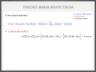 Non-linear halo bias!
!
!
!
!
!
!
!
THEORY HALO BISPECTRUM
δm: nonlinear DM density 
δh: halo density 
sm: DM tidal tensor
h(x) = b1 m(x) + b2
⇥ 2
m(x) h 2
m(x)i
⇤
+
2
3
bs2
⇥
s2
m(x) hs2
m(x)i
⇤
) h h(k1) h(k2) h(k3)i
⇠ 2Plin
mm(k1)Plin
mm(k2)

b3
1F2(k1, k2) + b2
1b2 +
2
3
b2
1bs2 P2(ˆk1 · ˆk2) + 2 perms
 