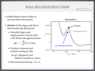 BAO RECONSTRUCTION
Goal: Restore linear modes to
increase BAO information!
!
Method: Undo large-scale ﬂows
that broaden the BAO peak:!
Calculate large-scale
displacement/velocity ﬁeld
with Zeldovich approximation!
!
!
Displace clustered and
random catalog by this!
➡ get `displaced’ and
`shifted’ densities δd and δs!
Reconstructed density = δd - δs
s(k) =
ik
k2
WR(k) (k)
power spectrum after reconstruction by
Fig. 3.— The real-space matter correlation function after recon
struction by the linear-theory density-velocity relation, with th
density ﬁeld Gaussian ﬁltered. The black solid line shows the co
relation function at z = 49. The blue short-dashed line shows
at z = 0.3; the acoustic peak has been smeared out. The re
dot-dashed and magenta long-dashed lines show the eﬀects of r
construction for 20h−1 Mpc and 10h−1 Mpc Gaussian ﬁltering, r
no reconstruction
linear
reconstructed
Simulations
Eisenstein et al. 2006!
Padmanabhan et al. 2008
 
