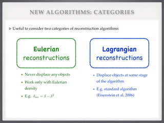 NEW ALGORITHMS: CATEGORIES
Useful to consider two categories of reconstruction algorithms:
Lagrangian

reconstructions
Displace objects at some stage
of the algorithm!
E.g. standard algorithm
(Eisenstein et al. 2006)
Eulerian

reconstructions
Never displace any objects!
Work only with Eulerian
density!
E.g. rec = 2
 