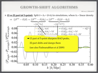 GROWTH-SHIFT ALGORITHMS
13 vs 22 part (of 3-point): Split δ = δ0 + (δ-δ0) in simulations, where δ0 = linear density
MS et al. 1508.06972!
➡ 13 part of 3-point sharpens BAO peaks, 
22-part shifts and damps them  
(see also Padmanabhan et al 2009)
) h( rec
)| i = h( rec
)| 0i
| {z }
⇠h (3)
0i
+ h( rec
)|( 0)i
| {z }
⇠h (2) (2)
i
 