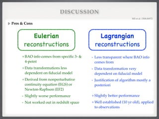 DISCUSSION
Pros & Cons
MS et al. 1508.06972!
Lagrangian

reconstructions
- Less transparent where BAO info
comes from!
- Data transformation very
dependent on ﬁducial model!
- Justiﬁcation of algorithm mostly a
posteriori 
!
+Slightly better performance!
+Well established (10 yr old), applied
to observations
Eulerian

reconstructions
+BAO info comes from speciﬁc 3- &
4-point!
+Data transformations less
dependent on ﬁducial model!
+Derived from nonperturbative
continuity equation (EGS) or
Newton-Raphson (EF2)!
- Slightly worse performance!
- Not worked out in redshift space
 