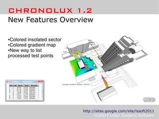 CHRONOLUX 1.2
New Features Overview
●Colored insolated sector
●Colored gradient map
●New way to list
processed test points
http://sites.google.com/site/lssoft2011
(c)2013 Links' Systems Software
 