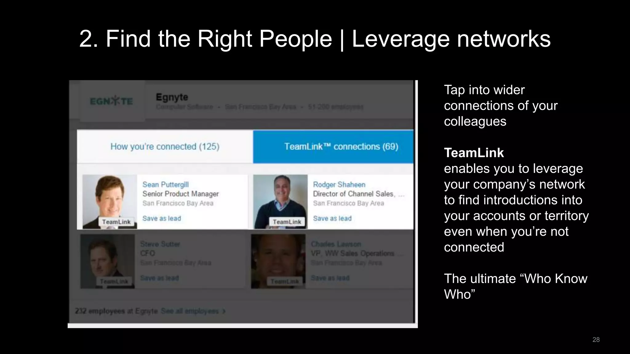 28
2. Find the Right People | Leverage networks
Tap into wider
connections of your
colleagues
TeamLink
enables you to leverage
your company’s network
to find introductions into
your accounts or territory
even when you’re not
connected
The ultimate “Who Know
Who”
 