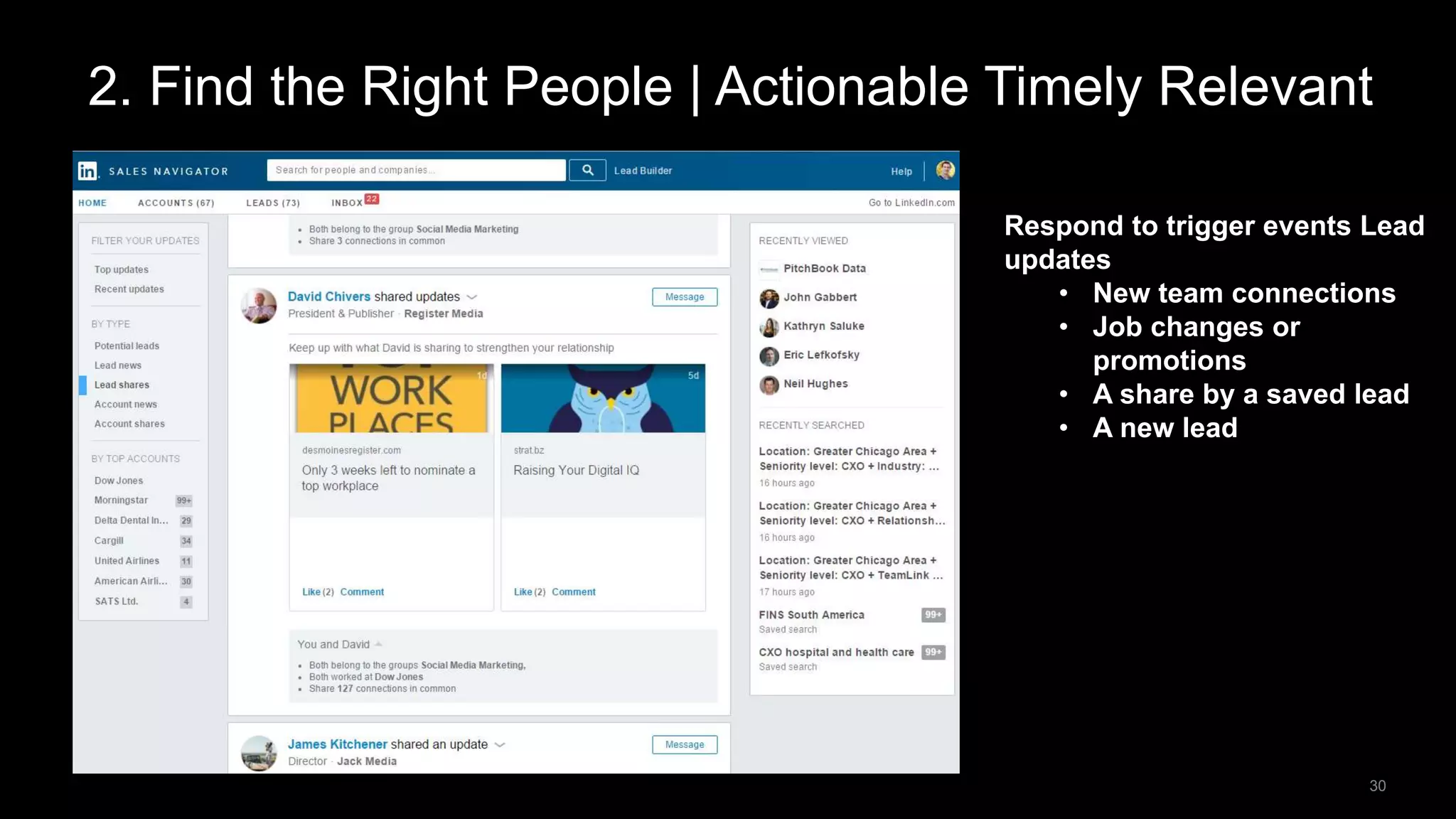 30
2. Find the Right People | Actionable Timely Relevant
Respond to trigger events Lead
updates
• New team connections
• Job changes or
promotions
• A share by a saved lead
• A new lead
 