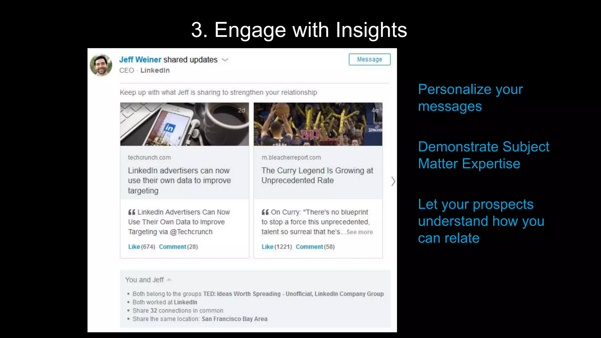 Personalize your
messages
Demonstrate Subject
Matter Expertise
Let your prospects
understand how you
can relate
3. Engage with Insights
 