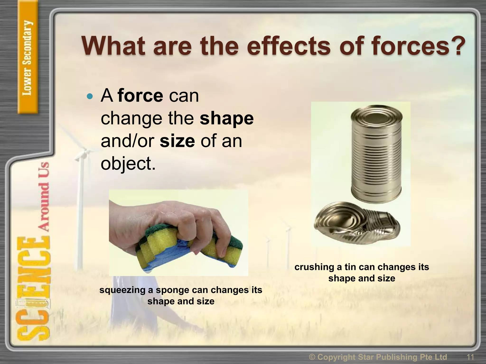 What are the effects of forces?
 A force can
change the shape
and/or size of an
object.
© Copyright Star Publishing Pte Ltd 11
crushing a tin can changes its
shape and size
squeezing a sponge can changes its
shape and size
 