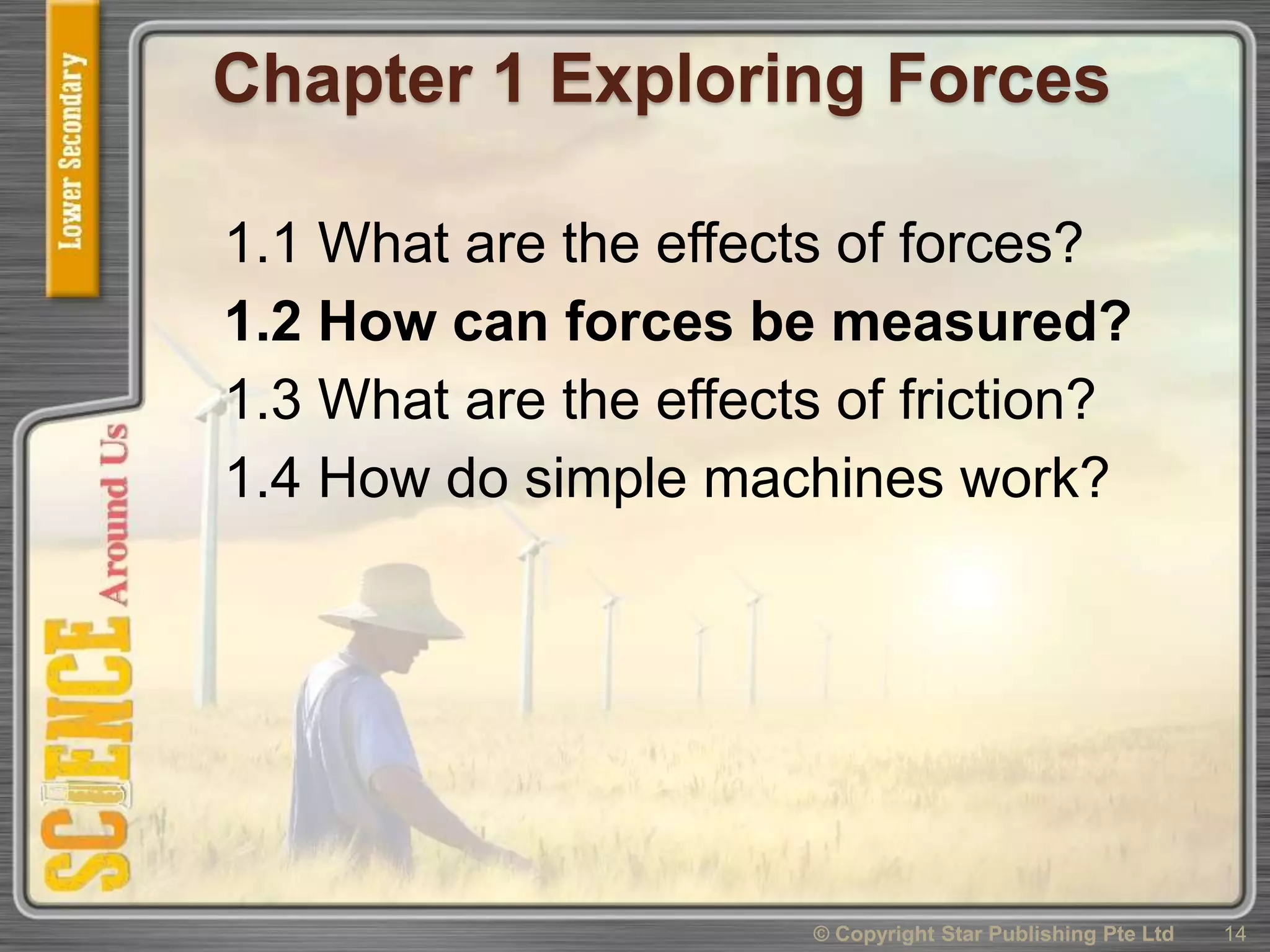 Chapter 1 Exploring Forces
1.1 What are the effects of forces?
1.2 How can forces be measured?
1.3 What are the effects of friction?
1.4 How do simple machines work?
14© Copyright Star Publishing Pte Ltd
 